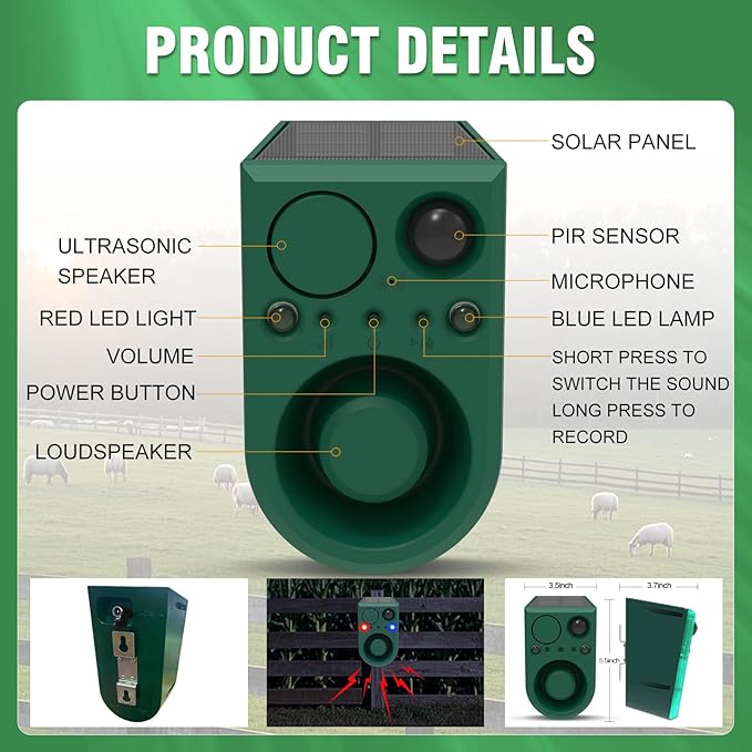 ChunHee Solar Outdoor Motion Sensor Alarm with 3Volume Control & Voice Recording, 129dB Loud Dog Barking Alarm with Red & Blue Strobe Light Noise Maker 4Work Modes for Chicken coop, Garden, Farm, Home