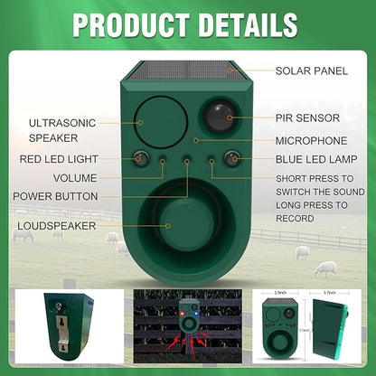 ChunHee Solar Outdoor Motion Sensor Alarm with 3Volume Control & Voice Recording, 129dB Loud Dog Barking Alarm with Red & Blue Strobe Light Noise Maker 4Work Modes for Chicken coop, Garden, Farm, Home