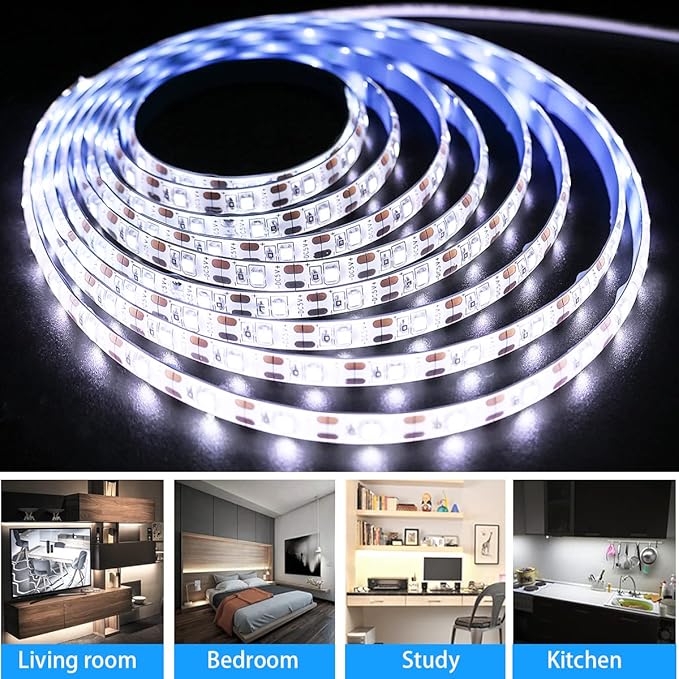 5V USB LED Strip Lights, White 6000K 9.84ft SMD 2835 IP65 Waterproof 180 LEDs Plug and Play Rope Light Strips with Switch for Bedroom, Kitchen Decoration