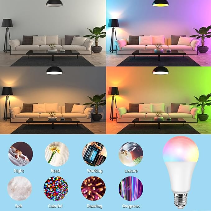 RGB Color Changing Light Bulb with Remote Control, RGBW LED Light Bulb A19 E27/E26 6500K White 9W 16 Color Choices Multicolor Dimmable Flood Light Bulbs for Party Bedroom Home - 4 Pack