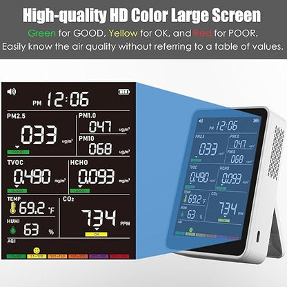 Professional Indoor Air Quality Monitor with AQI Alerts, Portable Real-Time Detector for Home, Car, Plants & Pet