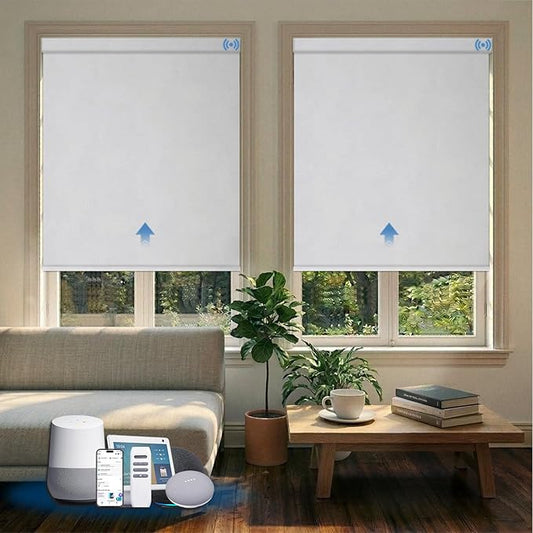 Motorized Blinds with Remote, Blackout Smart Blinds for Windows Automatic Roller Shades Compatible with Alexa, Motorized Shades Customized for Bedroom Home Office (Blackout-Fabric White)