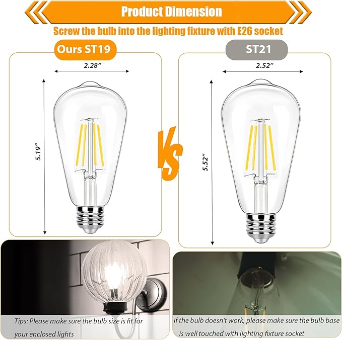 16 Pack LED Edison Bulbs 40W Equivalent, 4000K Cool White Dimmable ST19 Light Bulb, 4W LED Filament Bulb, 450LM E26 Vintage Bulbs for Ceiling Light Fixtures