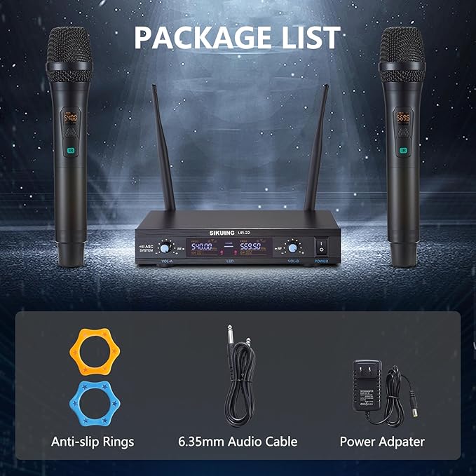 Wireless Microphone System, Metal Dual Pro UHF Cordless Dynamic Mic, 2x30 Adjustable Frequencies, Handheld Microphone System for Home Karaoke, Meeting, Church, 300ft Range (2 Handheld)