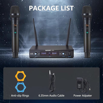 Wireless Microphone System, Metal Dual Pro UHF Cordless Dynamic Mic, 2x30 Adjustable Frequencies, Handheld Microphone System for Home Karaoke, Meeting, Church, 300ft Range (2 Handheld)