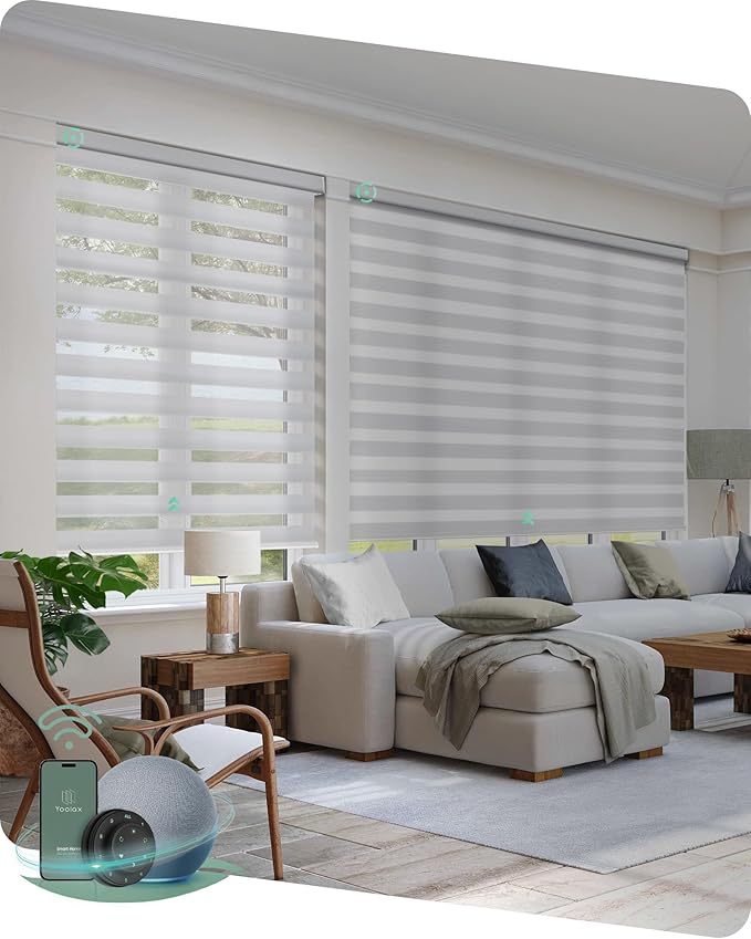 Yoolax Motorized Zebra Blinds Compatible with Alexa,Motorized Blinds with Remote Smart Automatic Custom Electric Window Blinds Cordless Indoor Room Darkening for Home Bedroom Kitchen (Pearl White)
