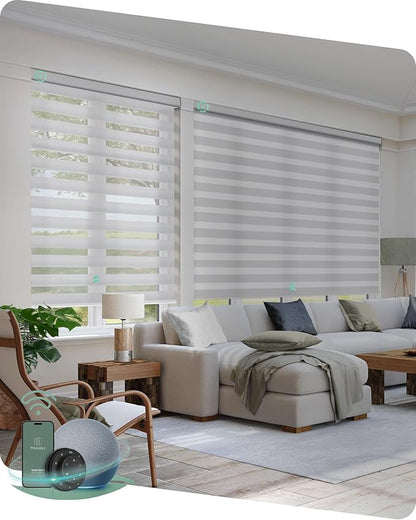 Yoolax Motorized Zebra Blinds Compatible with Alexa,Motorized Blinds with Remote Smart Automatic Custom Electric Window Blinds Cordless Indoor Room Darkening for Home Bedroom Kitchen (Pearl White)