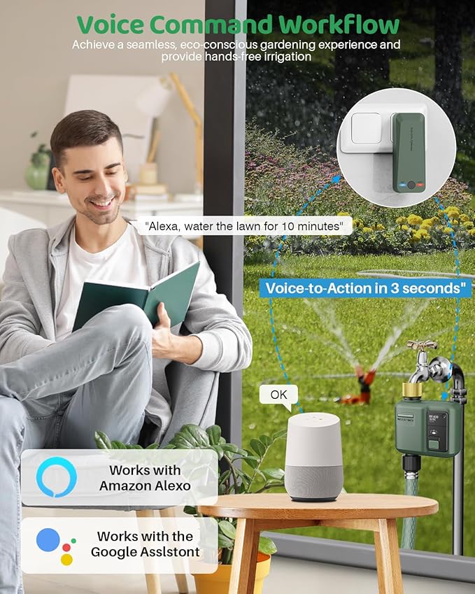 WiFi Water Timer for Garden Hose, Smart Sprinkler Controller with 984ft RF Range, Smart Lawn Watering System Irrigation Timer, APP/Voice Control, Rain Delay, Manual Irrigation (Brass Inlet)