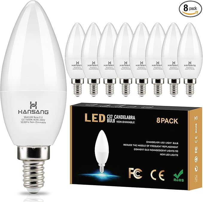 8 Pack E12 Candelabra LED Bulbs 5000K Bright Daylight, Small Base Ceiling Fan Light Bulb 6W, Type B Light Bulb for Chandelier, Candle Shape B11, 600LM, Non-dimmable