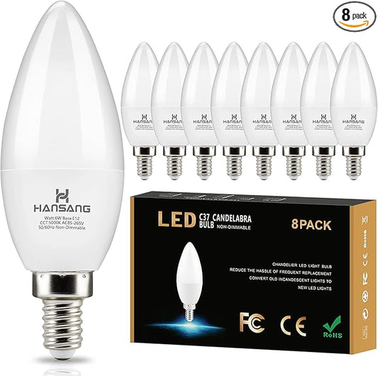 8 Pack E12 Candelabra LED Bulbs 5000K Bright Daylight, Small Base Ceiling Fan Light Bulb 6W, Type B Light Bulb for Chandelier, Candle Shape B11, 600LM, Non-dimmable