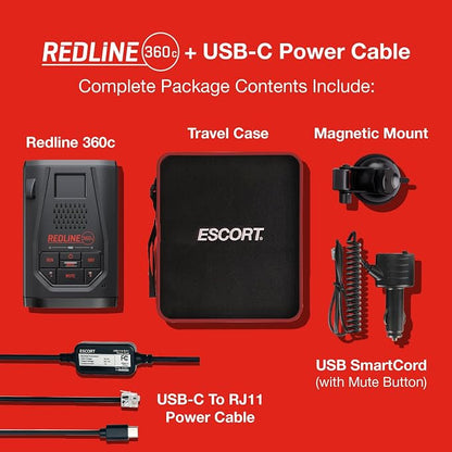 Bundle of Redline 360c Plug and Play Radar Detector + Escort USB-C to RJ11 Radar Power Cord