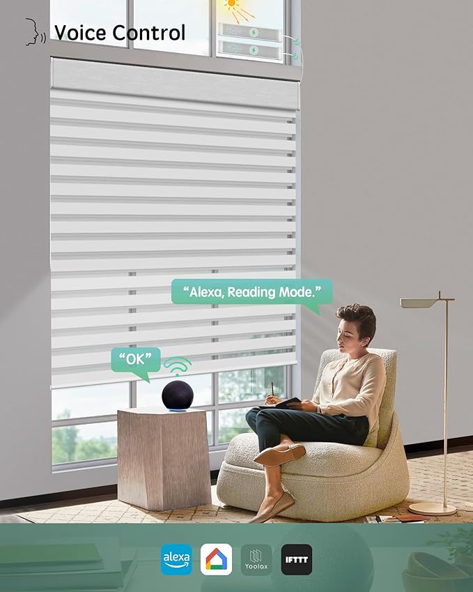 Yoolax Smart Dual Roller Shades, Motorized Blinds with Remote Smart Zebra Shades Compatible with Alexa, Blackout & Light Filtering Automatic Blinds for Windows (Zebra White)