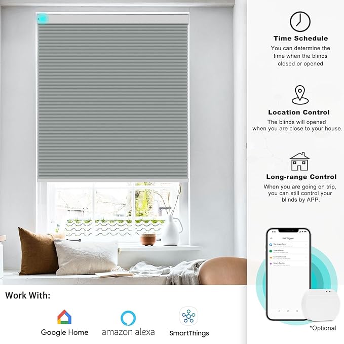 Changshade Motorized Blackout Cellular Shades for Indoor Windows Smart Blinds Automatic Electric Power with Remote Control, Custom Size Honeycomb Blind Compatible with Alexa, Google Home, Grey