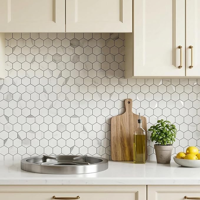 Hexagon Peel and Stick Backsplash for Kitchen Wall,20 Sheets Heat Resistant Stick on Backsplash PVC Smart Tiles, 12'' Gray White Marble Waterproof Peel and Stick Tile for Bathroom
