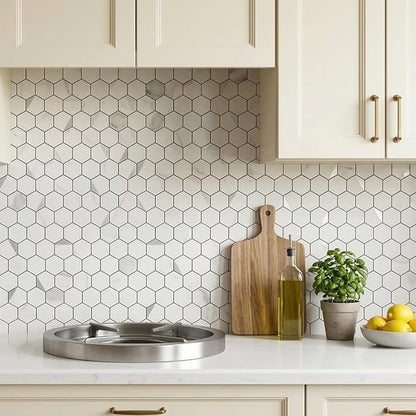 Hexagon Peel and Stick Backsplash for Kitchen Wall,20 Sheets Heat Resistant Stick on Backsplash PVC Smart Tiles, 12'' Gray White Marble Waterproof Peel and Stick Tile for Bathroom