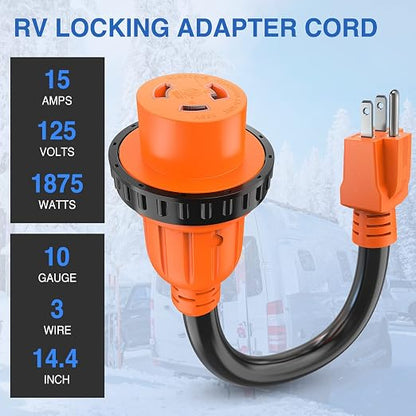 Nilight 15 Amp to 30 Amp RV Locking Adapter Cord ETL Listed 5-15P to L5-30R