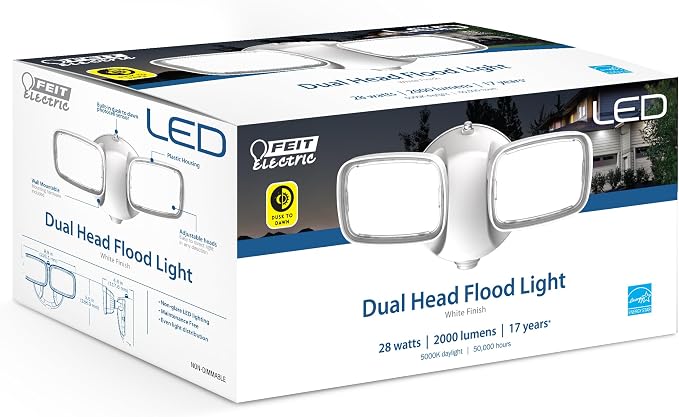 Feit Electric 28W Dusk to Dawn Dual Head Outdoor LED Security Flood Light, 2000 Lumens, 5000K Daylight, Adjustable Heads, Waterproof, Hardwired, 50,000-Hour Lifetime, S9DFL/850/DD/WH