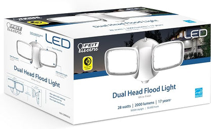 Feit Electric 28W Dusk to Dawn Dual Head Outdoor LED Security Flood Light, 2000 Lumens, 5000K Daylight, Adjustable Heads, Waterproof, Hardwired, 50,000-Hour Lifetime, S9DFL/850/DD/WH