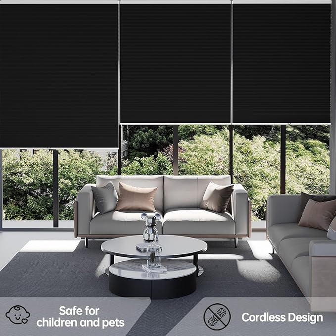 Cellular Shades Blackout Honeycomb Blinds for Indoor Windows, Cordless Cellular Shades 1.5 inch Cell Pleated for Bedroom Home Office, Custom Size, Blackout Black