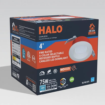 HALO RL Fire-Rated 4 in Canless LED Recessed Light Trim, Selectable 5CCT 2700K-5000K, 1000 Lumens, IC Rated, Wet Location, Dimmable,