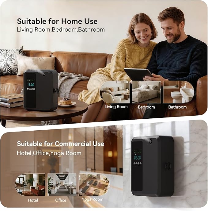 Waterless Essential Oil Diffuser 500ml, Bluetooth APP Control Cold Air Scent Machine, Wall Mounted Large Room Diffuser, 2000 sq ft Coverage, Black