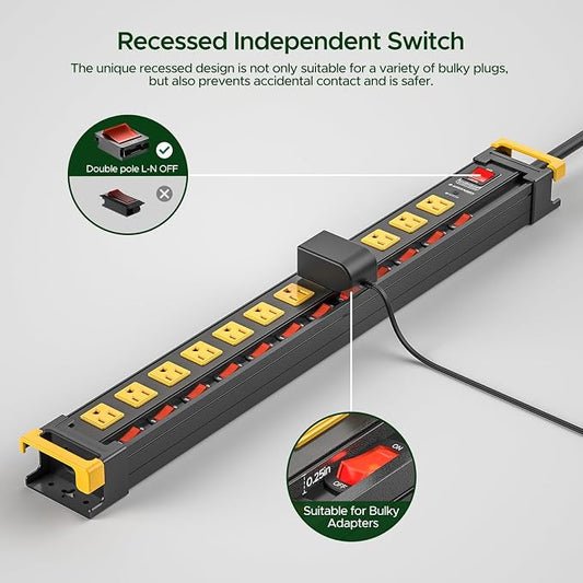 12 Outlet Long Heavy Duty Power Strip with Individual Switches