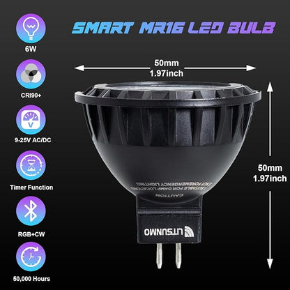 MR16 LED Bulb Dimmable Color Changing 12 V, RGBCW Bluetooth Light Bulb 6W Smart GU5.3 LED Bulb, Lights Dance to the Beat for Outdoor Landscape, Hotel, Living Room, Bedroom, Office, 1Pack