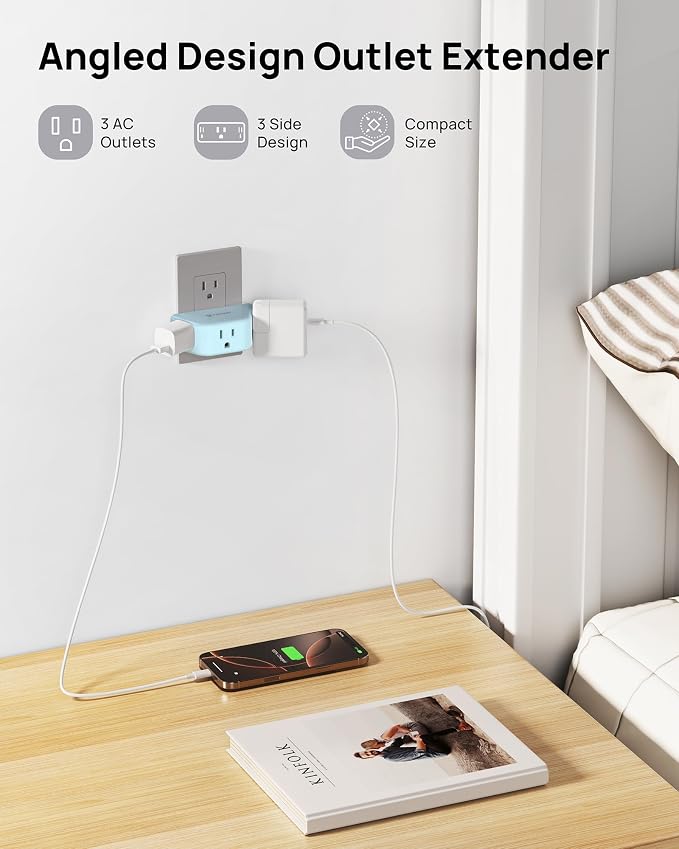 TROND Outlet Extender, No Blocking with 3 Way Angled, Mint Green | 3-Prong Grounded Wall Outlet Adapter, Cruise Essentials, Compact and Practical Plug Expander for Home Travel Essentials