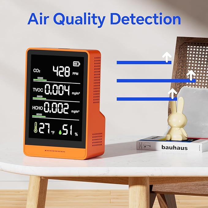 5-in-1 Professional Indoor Air Quality Monitor Indoor Portable CO2 Monitor | Temperature | Formaldehyde Detector | Humidity TVOC | Air Quality Tester - Confined Space Clean Air Monitor (Orange)