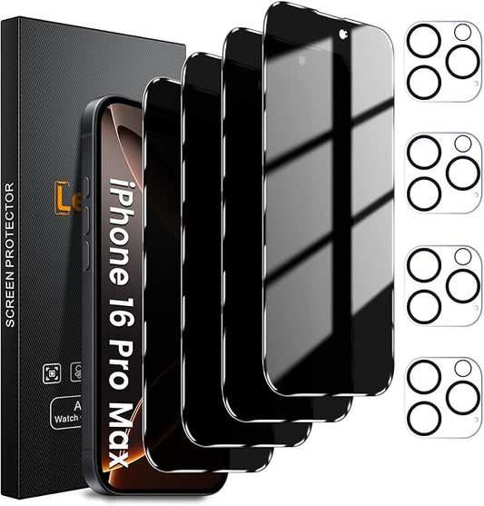 Lesakit 4+4 Pack Privacy Screen Protector for iPhone 16 Pro Max 6.9-Inch with 4 Pack Camera Lens Protector, Anti Spy Tempered Glass Film 9H Hardness Case Friendly