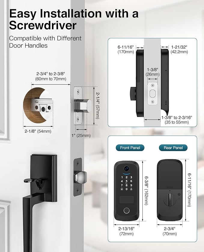 Video Smart Lock with Camera, Built-in Rechargeable Lithium Battery Entry Keyless Door Lock, App Control, Fingerprint ID, IC Card, Keypad Code, Auto Lock for Front Door (Black)