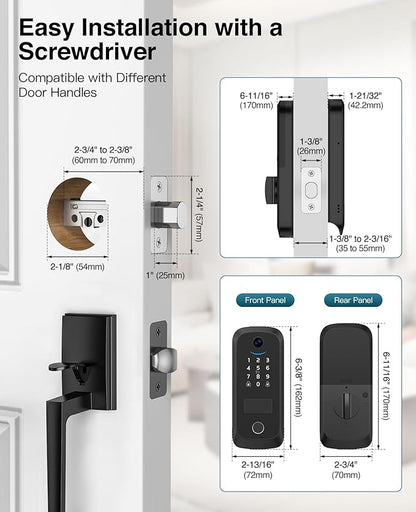 Video Smart Lock with Camera, Built-in Rechargeable Lithium Battery Entry Keyless Door Lock, App Control, Fingerprint ID, IC Card, Keypad Code, Auto Lock for Front Door (Black)