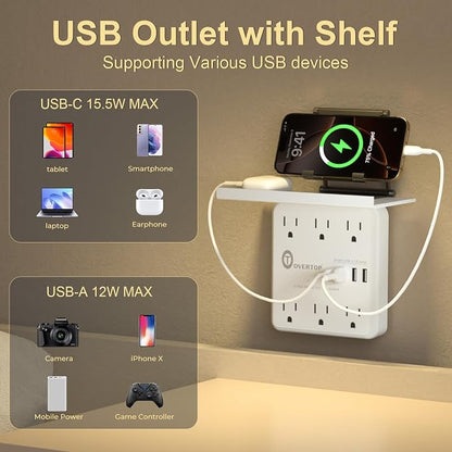 Overtop Power Charger with Shelf,Wall Outlet Extender,Surge Protector 1800J