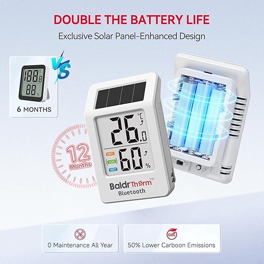 BaldrTherm WiFi Thermometer, Wireless Smart Thermometer, Remote Temperature Monitor with Gateway&Solar Sensor,200ft Coverage, App Alerts,12-Month Battery, Comfort Indicator, Data Sync Recover,1Pack