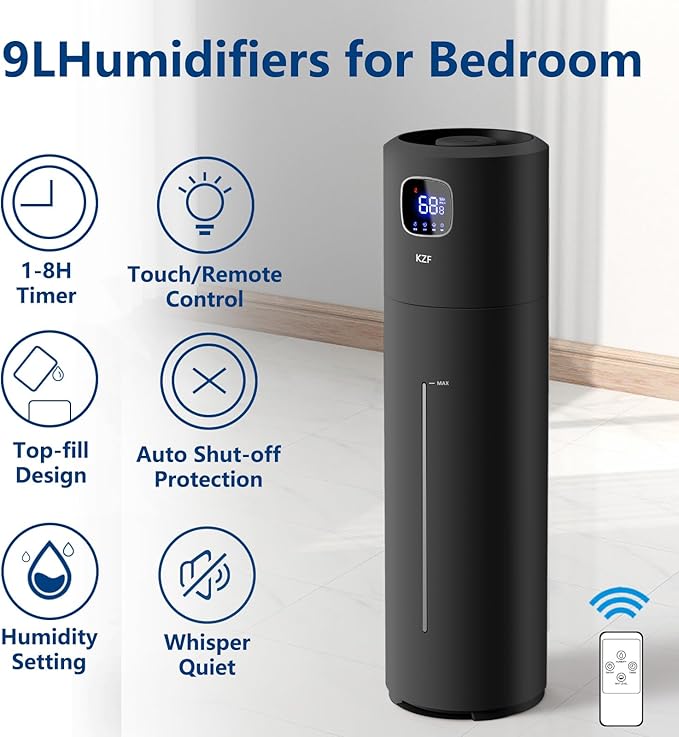 KZF 9L/2.5Gal Large Humidifiers for Bedroom, Ultrasonic Cool Mist Top Fill Humidifier with 350ML/H Large Mist Speed, Quiet Humidifier for Baby Home Plant Yoga Sleep Office (Round Black 9L)