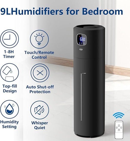 KZF 9L/2.5Gal Large Humidifiers for Bedroom, Ultrasonic Cool Mist Top Fill Humidifier with 350ML/H Large Mist Speed, Quiet Humidifier for Baby Home Plant Yoga Sleep Office (Round Black 9L)