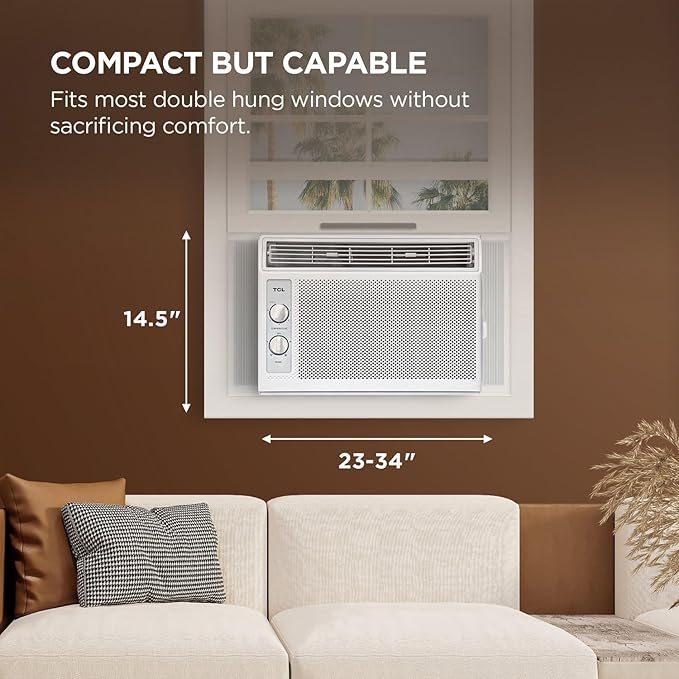TCL 5000 BTU Window Air Conditioner, Compact Energy Efficient AC Unit with Fan & Reusable Filter for Bedroom, Living Room, Garage, Other Rooms Up To 150 Sq. Ft.