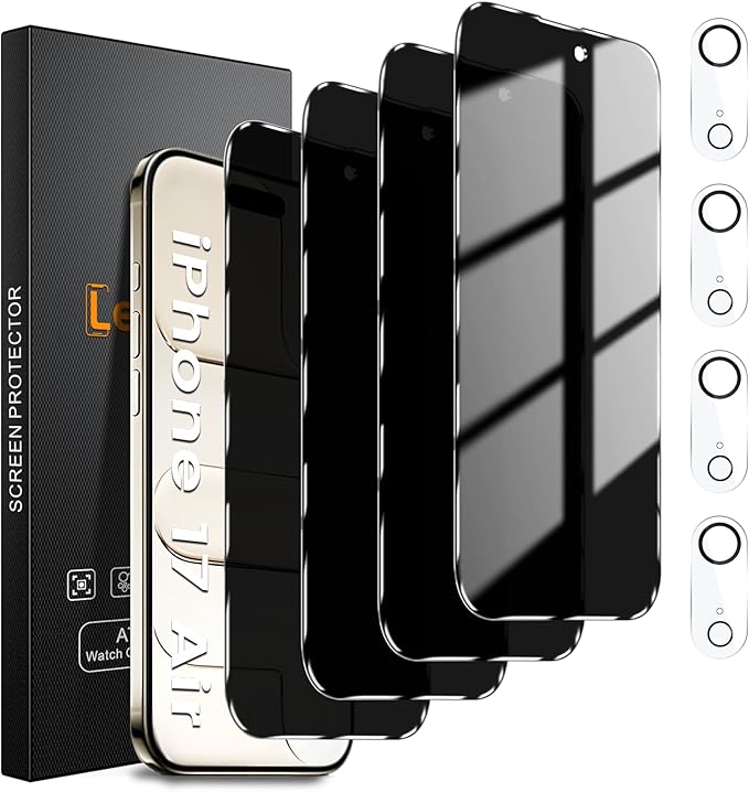 Lesakit 4 Pack Privacy Screen Protector for iPhone 17 Air 6.5-Inch with 4 Pack Camera Lens Protector, Anti Spy Tempered Glass Film 9H Hardness Bubble Free Case Friendly