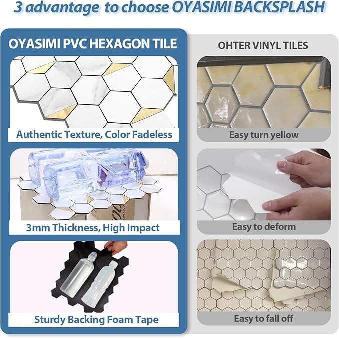 10-Sheet Heavy-Duty Hexagon Peel and Stick Backsplash, Thick Waterproof &Heat Resistant Stick on Wall Tiles, Marble White Mosaic for Kitchen & Bathroom, Strong Adhesive Permanent PVC Tiles