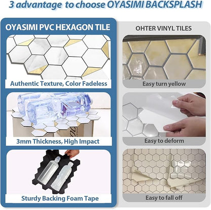 10-Sheet Heavy-Duty Hexagon Peel and Stick Backsplash, Thick Waterproof &Heat Resistant Stick on Wall Tiles, Marble White Mosaic for Kitchen & Bathroom, Strong Adhesive Permanent PVC Tiles