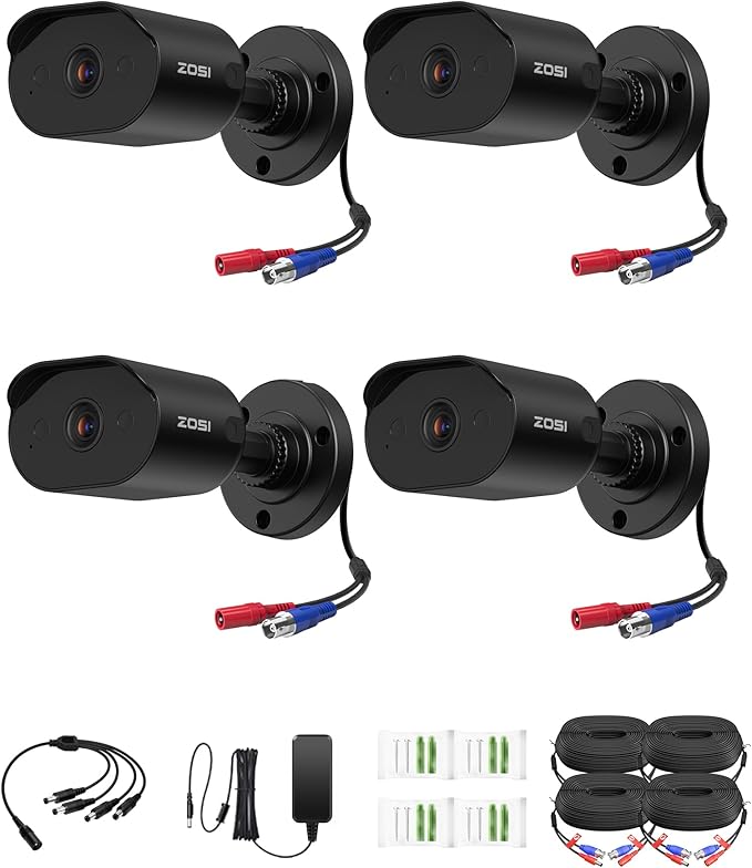 ZOSI 4 x 1080p Wired Outdoor Security Camera with Audio Recording, 2MP TVI Surveillance CCTV Bullet Camera Indoor, 80ft IR Night Vision, 90° Wide View, IP66 Weatherproof, Works with Our DVR