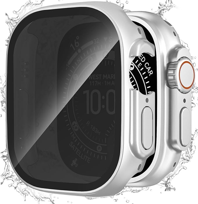 Waterproof Privacy Case Compatible with Apple Watch Ultra 3/2/1 49mm with Anti-peep Screen Protector, iWatch Face Cover Protective Bumper for iWatch Case 49mm Silver
