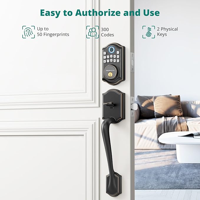 AkaGear DS10 Keyless Entry Door Locks - Keypad Lock with Handle Set, Fingerprint Deadbolt, Smart Locks for Front Doors, Auto-Lock & One Touch Locking, 2 Keys, Easy Installation - Oil Rubbed Bronze