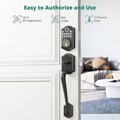 AkaGear DS10 Keyless Entry Door Locks - Keypad Lock with Handle Set, Fingerprint Deadbolt, Smart Locks for Front Doors, Auto-Lock & One Touch Locking, 2 Keys, Easy Installation - Oil Rubbed Bronze