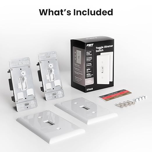 Feit Electric Toggle Dimmer with Light Switch for Dimmable LED Light Bulbs, Single Pole or 3-Way, Wall Plate and Wire Nut Installation Included, DIM/Toggle/2, 2 Pack