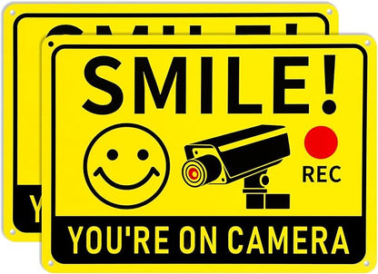 2 Pack Smile You're on Camera Signs – Video Surveillance Signs Outdoor, 10"x7" Rust-Free Aluminum Warning Sign, UV Printed Weatherproof Security Camera Sign for Home, Business, Fence, Driveway, CCTV
