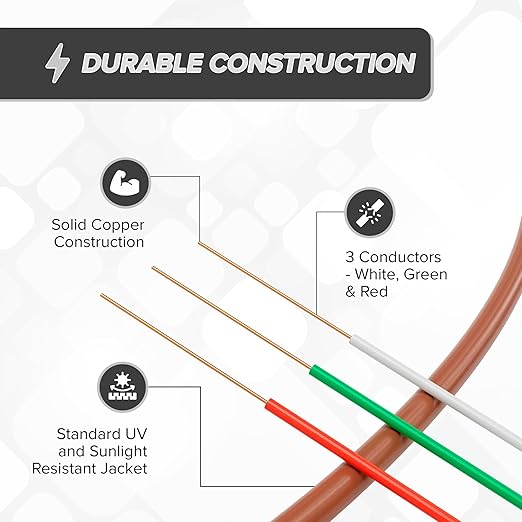 THE CIMPLE CO 18/3 Thermostat Wire 50 FT - Insulated Solid Copper Wiring for HVAC, Furnaces, Video Doorbells, Alarms, Lighting, Smart Thermostats - 18 Gauge, 3 Conductor - 50 Feet (15 Meters), Brown