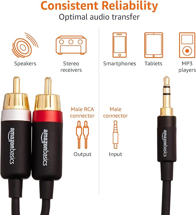 Amazon Basics 3.5mm Stereo Audio Cable to 2 RCA Adapters for Amplifiers, Smartphone, Tablet, Active Speakers with Corrosion-Resistant Gold-Plated Plugs, 25 Feet/7.6 m, Black