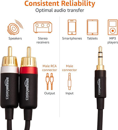 Amazon Basics 3.5mm Stereo Audio Cable to 2 RCA Adapters for Amplifiers, Smartphone, Tablet, Active Speakers with Corrosion-Resistant Gold-Plated Plugs, 25 Feet/7.6 m, Black