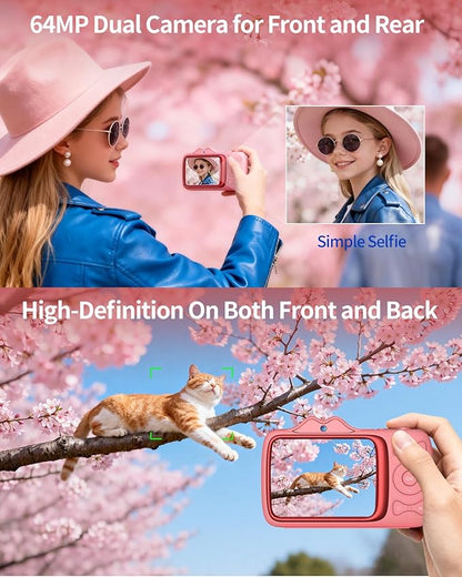 Digital Camera,4K 64MP Autofocus Vlogging Camera with Dual Lens,18X Zoom/WiFi/32GB Card/,Point and Shoot Cameras for Boys Girls Gifts (XJ700-Pink)